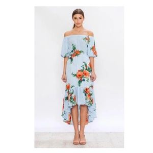 Jealous Tomato Striped Floral Off-Shoulder High-Low Dress